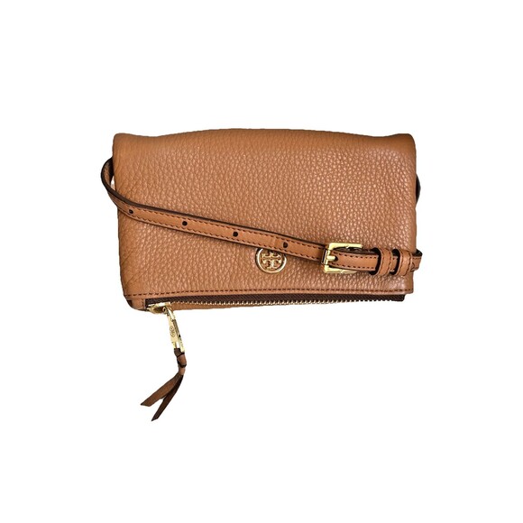 Tory Burch Robinson Small Foldover Brown Pebbled Leather Crossbody Bag Clutch - Picture 1 of 13